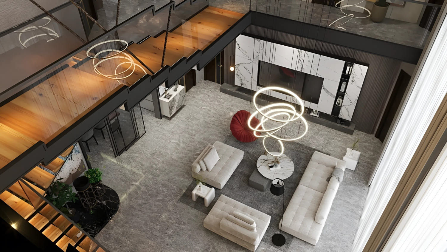 Toàn cảnh không gian nội thất căn hộ Duplex nhìn từ trên cao Toàn cảnh không gian nội thất căn hộ Duplex nhìn từ trên cao