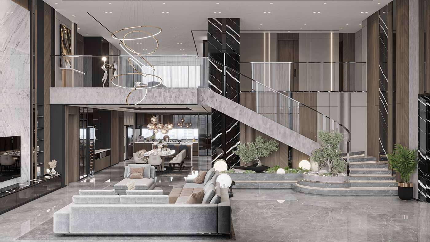 Tổng thể không gian căn hộ Duplex với thiết kế thông tầng Tổng thể không gian căn hộ Duplex với thiết kế thông tầng