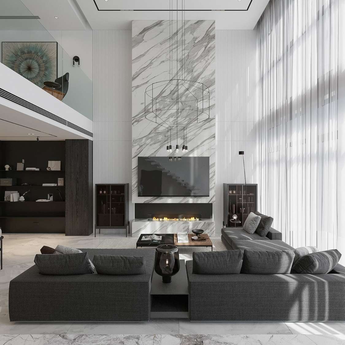 Mẫu căn hộ Duplex với bố trí sofa bàn trà hình chữ L trong phòng khách Mẫu căn hộ Duplex với bố trí sofa bàn trà hình chữ L trong phòng khách
