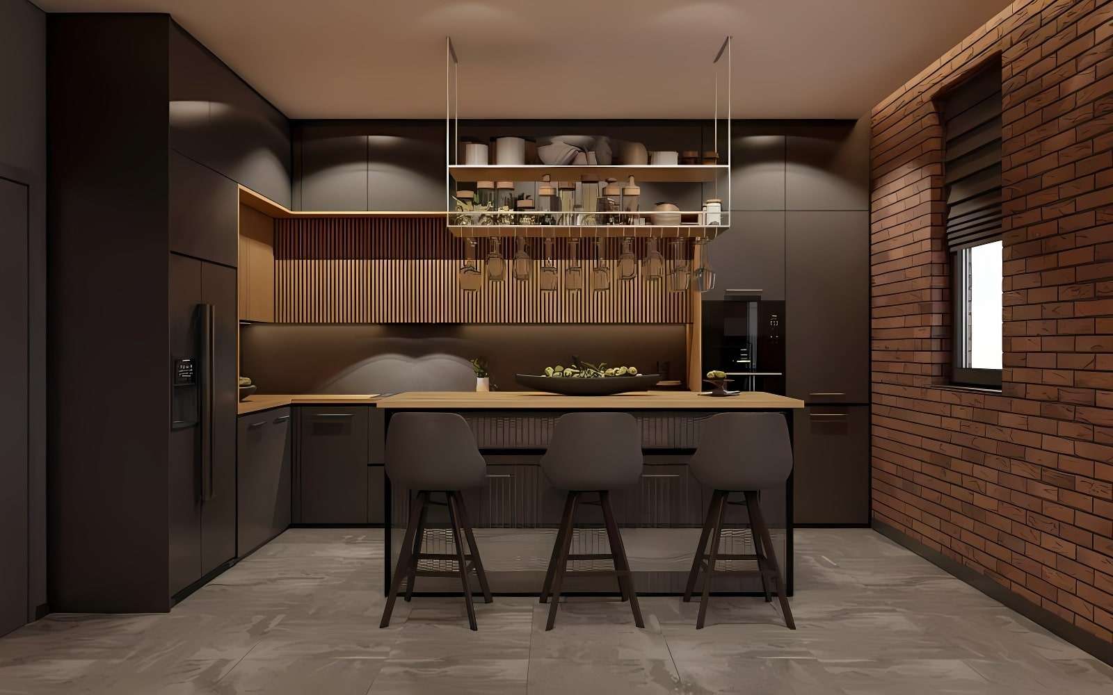 phong cach noi that urban Bức tường gạch thô cùng gam màu trung tính tạo cảm giác thông thoáng và rộng rãi hơn