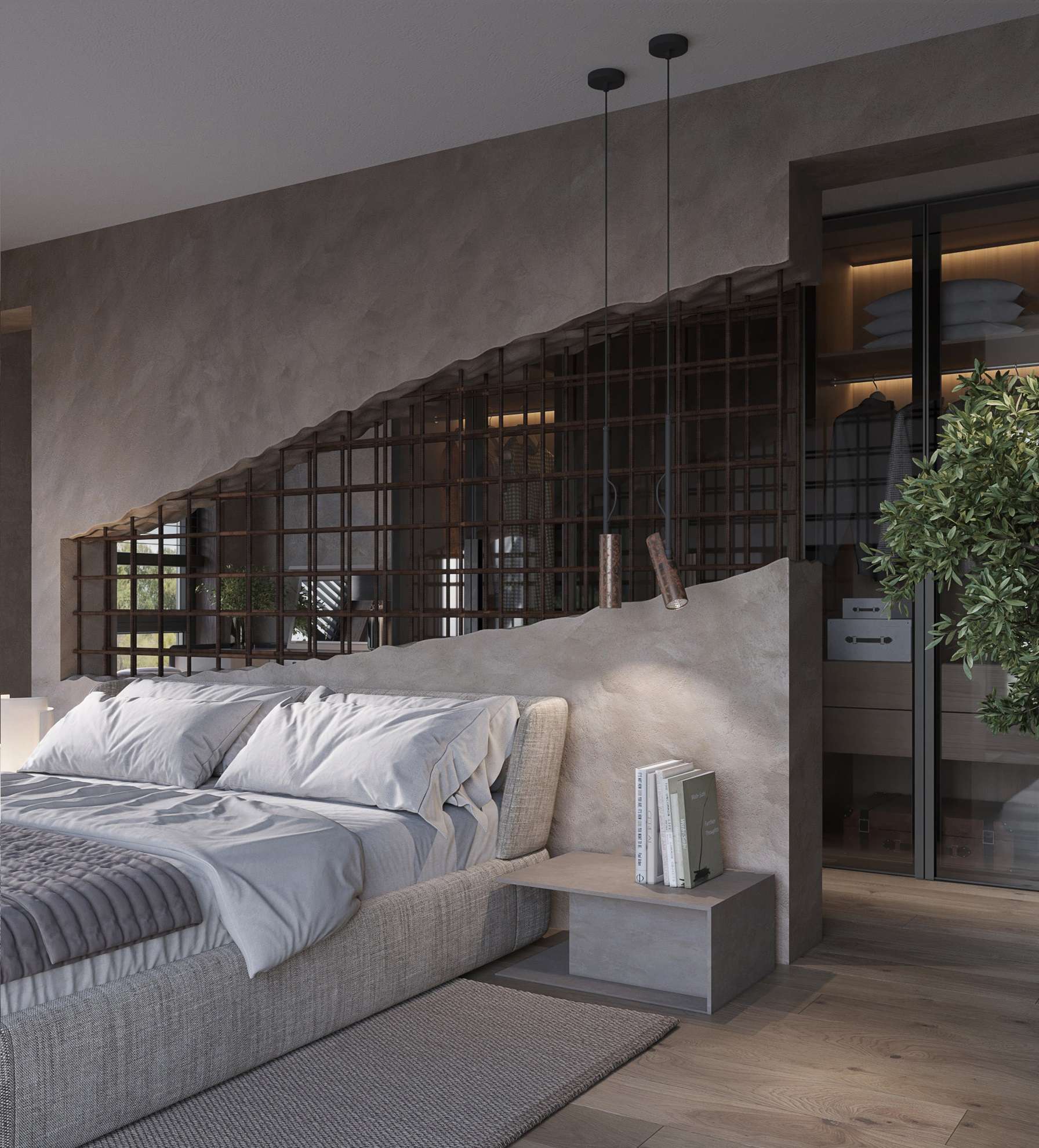 Điểm nhấn của căn phòng ngủ Urban là bức tường thô chưa hoàn thiện Điểm nhấn của căn phòng ngủ Urban là bức tường thô chưa hoàn thiện