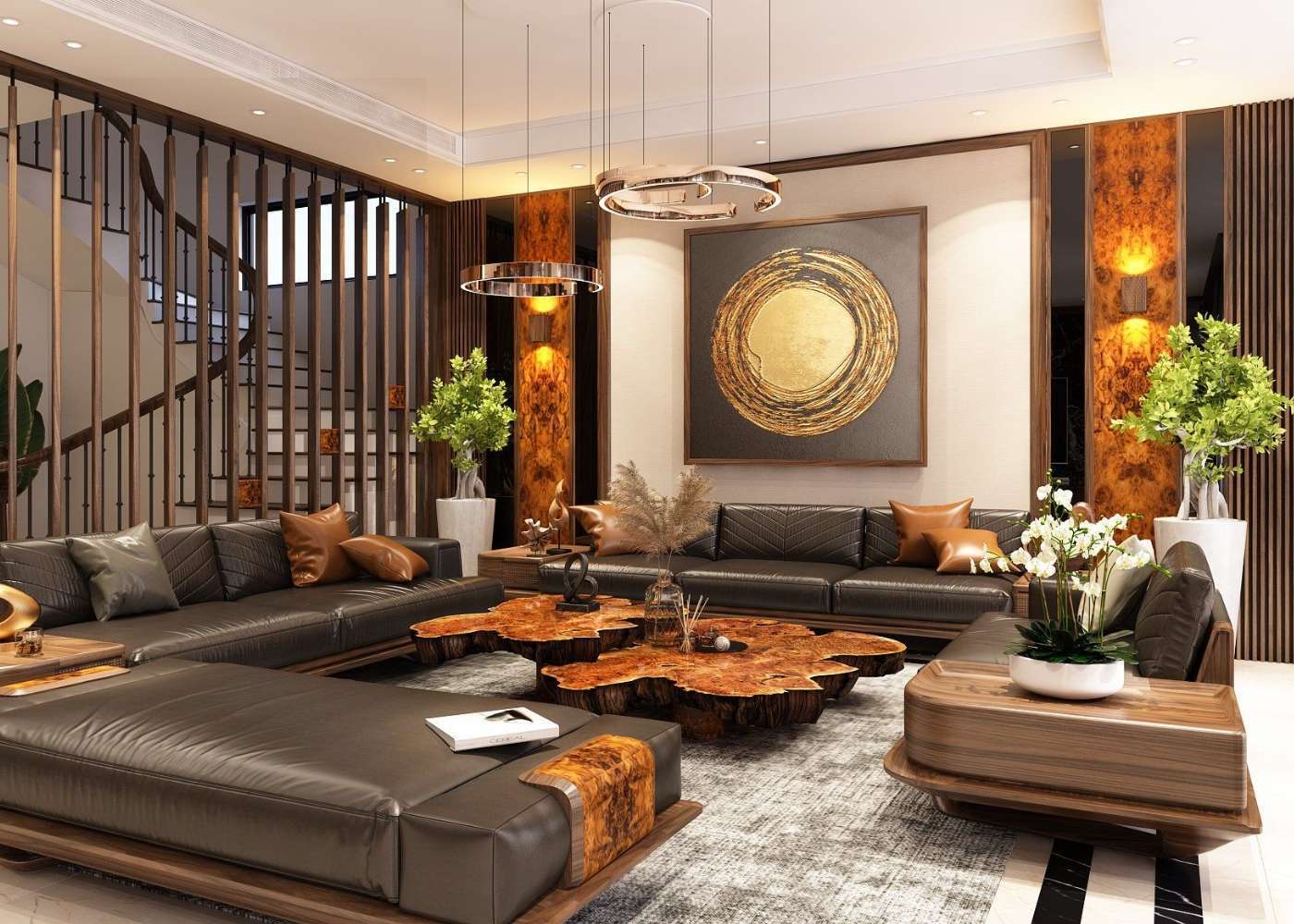 Màu nâu socola từ đồ nội thất gỗ óc chó nổi bật trên nền đá cẩm thạch tạo nên một không gian hòa hòa và cân đối Màu nâu socola từ đồ nội thất gỗ óc chó nổi bật trên nền đá cẩm thạch tạo nên một không gian hòa hòa và cân đối