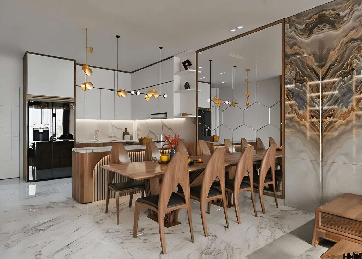 Sự kết hợp giữa nội thất gỗ óc chó tự nhiên và hệ thống đèn thả trần mang đến cho phòng bếp vẻ đẹp sang trọng và đẳng cấp Sự kết hợp giữa nội thất gỗ óc chó tự nhiên và hệ thống đèn thả trần mang đến cho phòng bếp vẻ đẹp sang trọng và đẳng cấp