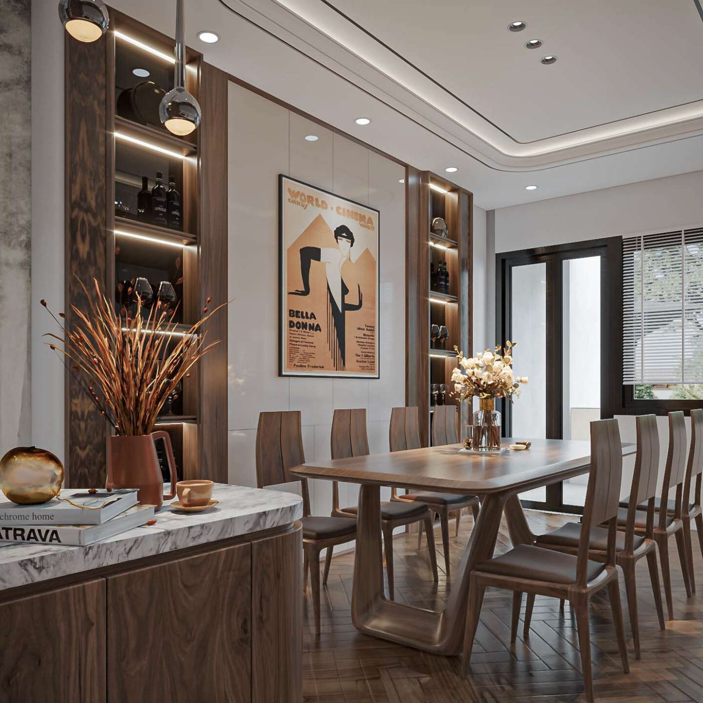 Bộ bàn ăn và bếp được làm bằng gỗ óc chó với mặt bàn bằng đá marble sang trọng Bộ bàn ăn và bếp được làm bằng gỗ óc chó với mặt bàn bằng đá marble sang trọng