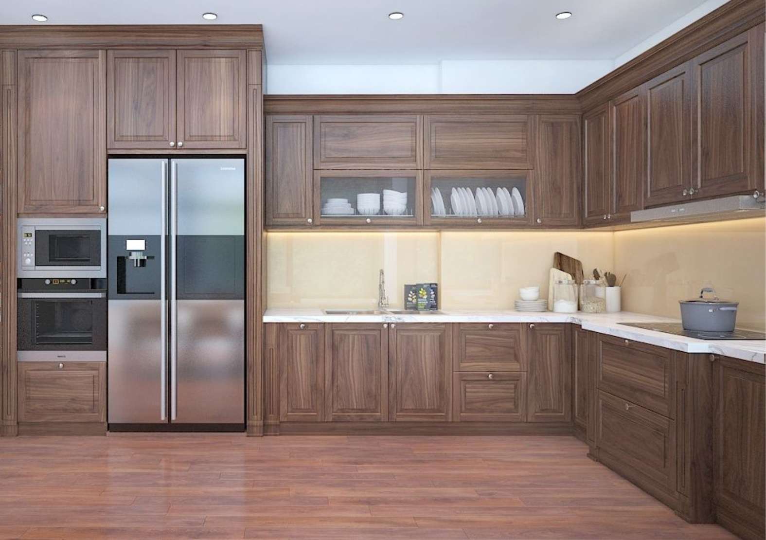 Gian bếp biệt thự với thiết kế nội thất gỗ óc chó tự nhiên hiện đại và tiện nghi Gian bếp biệt thự với thiết kế nội thất gỗ óc chó tự nhiên hiện đại và tiện nghi