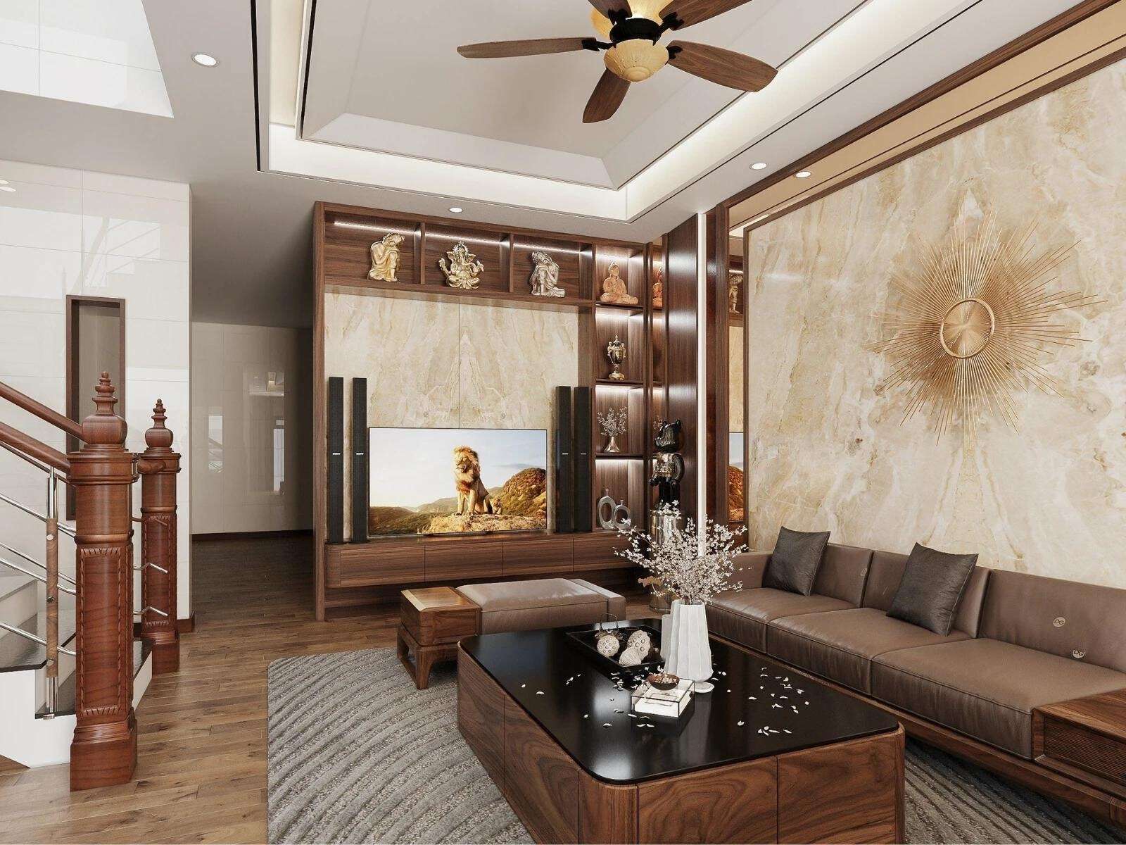 Thiết kế nội thất cho căn phòng khách tối giản với chất liệu gỗ óc chó tự nhiên Thiết kế nội thất cho căn phòng khách tối giản với chất liệu gỗ óc chó tự nhiên