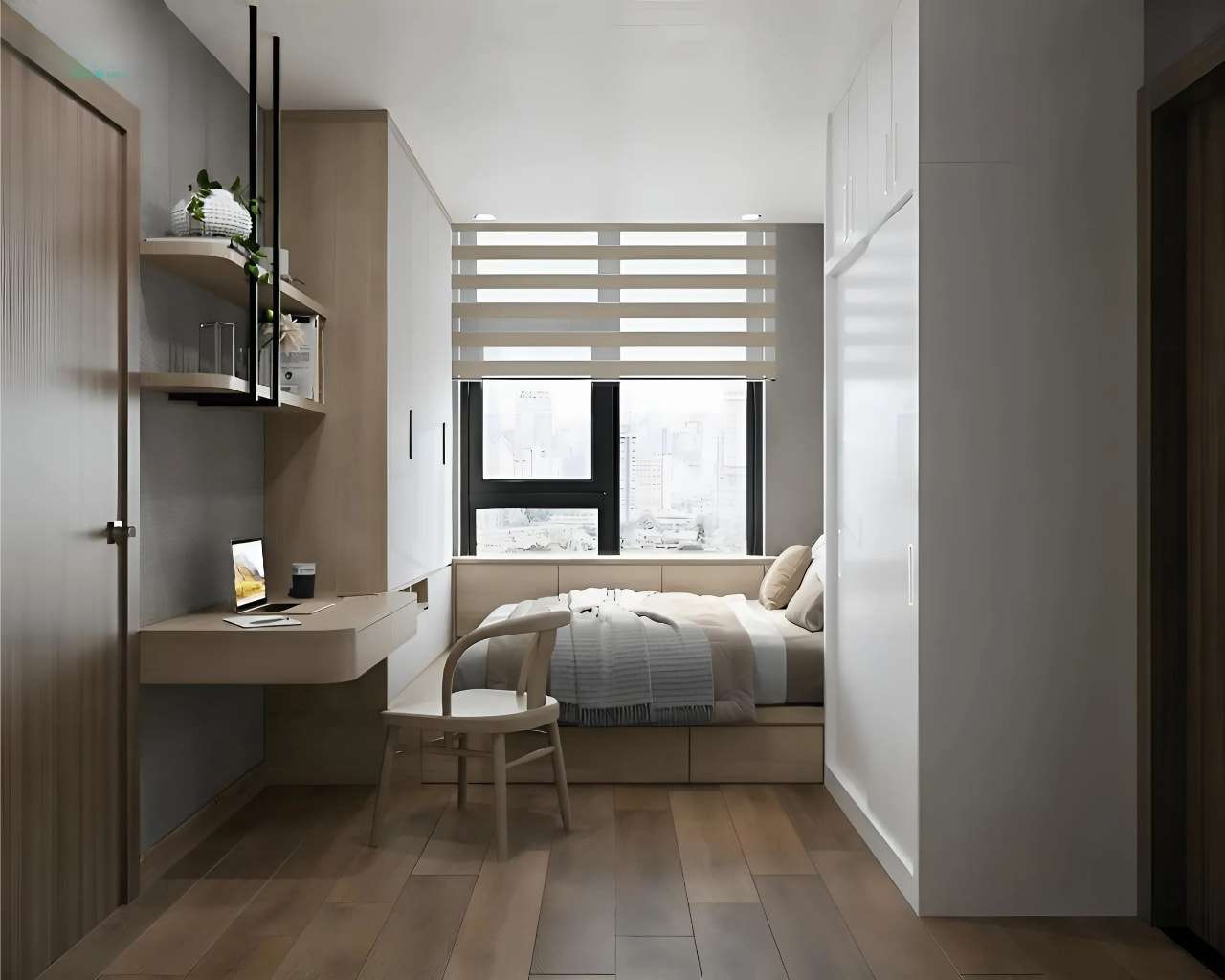 Mẫu giường ngủ dạng bục tích hợp tủ quần áo giúp tiết kiệm diện tích phòng ngủ vợ chồng 10m2 Mẫu giường ngủ dạng bục tích hợp tủ quần áo giúp tiết kiệm diện tích phòng ngủ vợ chồng 10m2
