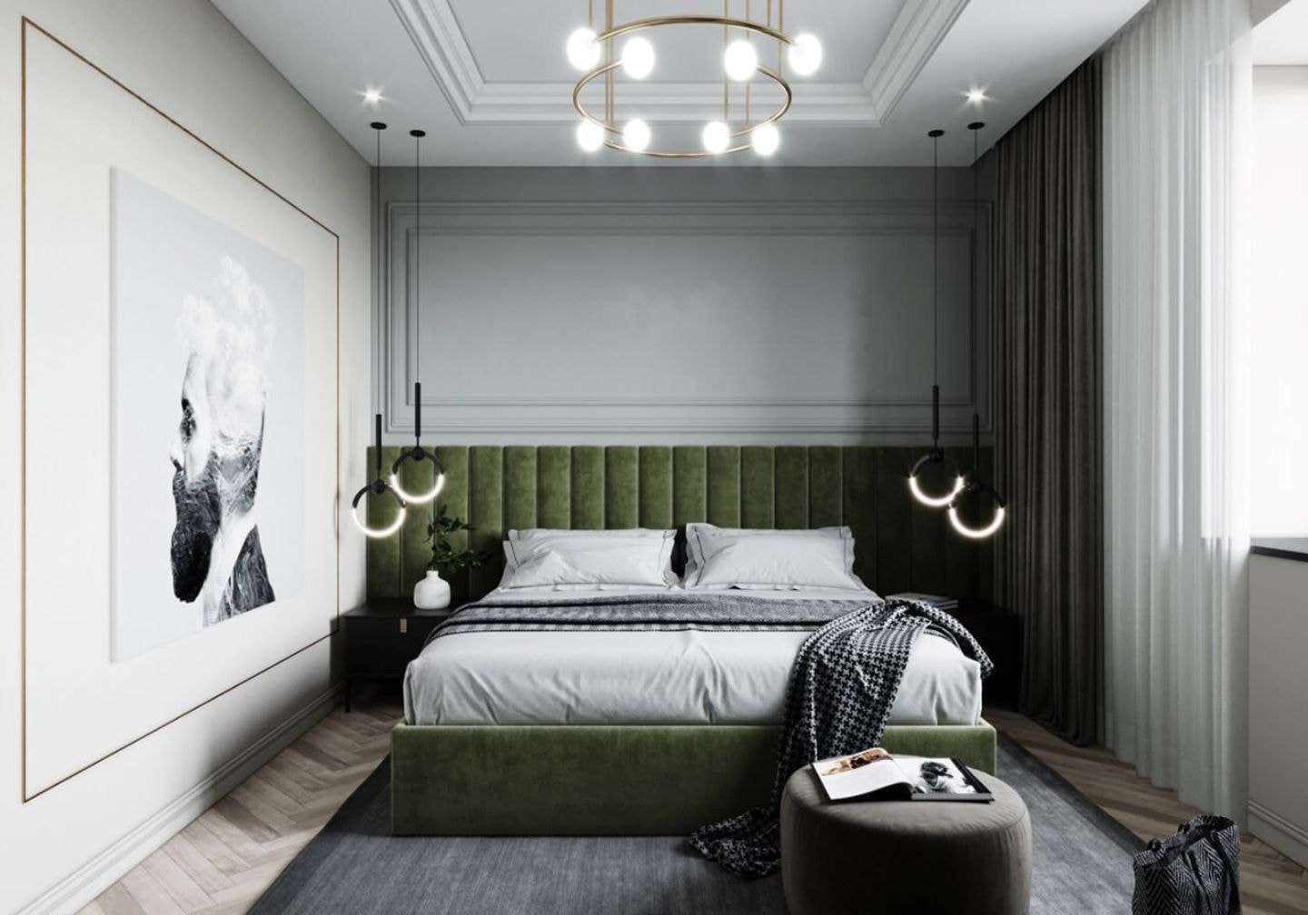 Không gian phòng ngủ master tân cổ điển 10m2 cho vợ chồng với gam màu xanh lục - trắng chủ đạo Không gian phòng ngủ master tân cổ điển 10m2 cho vợ chồng với gam màu xanh lục - trắng chủ đạo