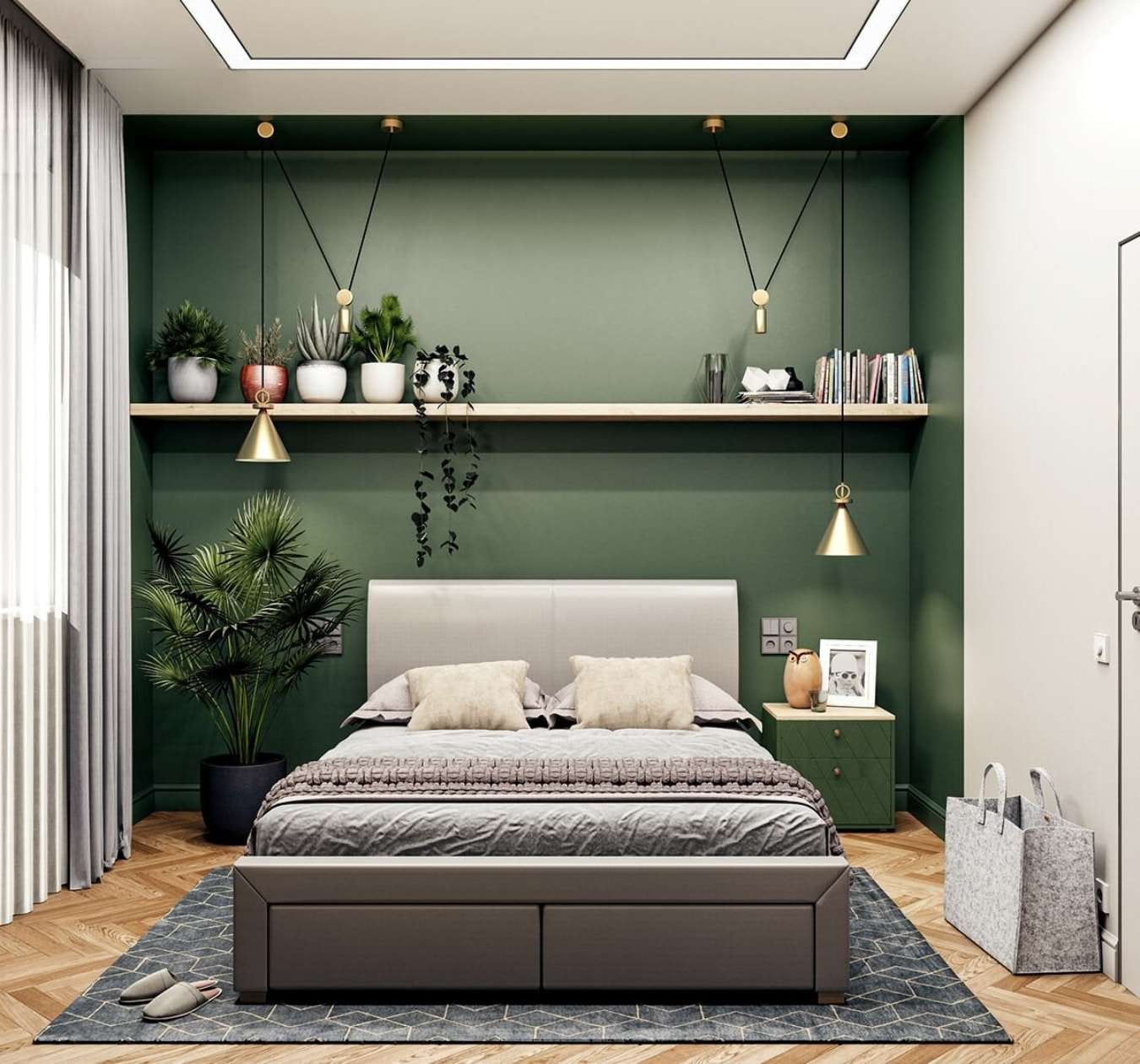 Sơn tường màu xanh cùng cây cảnh trang trí tạo cảm giác gần gũi và ấm cúng cho không gian phòng ngủ vợ chồng 10m2 Sơn tường màu xanh cùng cây cảnh trang trí tạo cảm giác gần gũi và ấm cúng cho không gian phòng ngủ vợ chồng 10m2