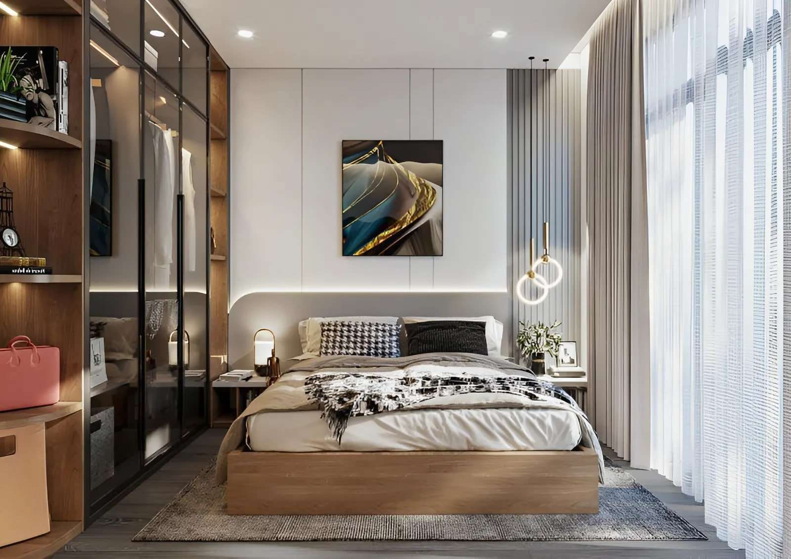 Điểm nhấn của căn phòng ngủ vợ chồng 10m2 phong cách hiện đại này là bức tranh nghệ thuật treo tường Điểm nhấn của căn phòng ngủ vợ chồng 10m2 phong cách hiện đại này là bức tranh nghệ thuật treo tường