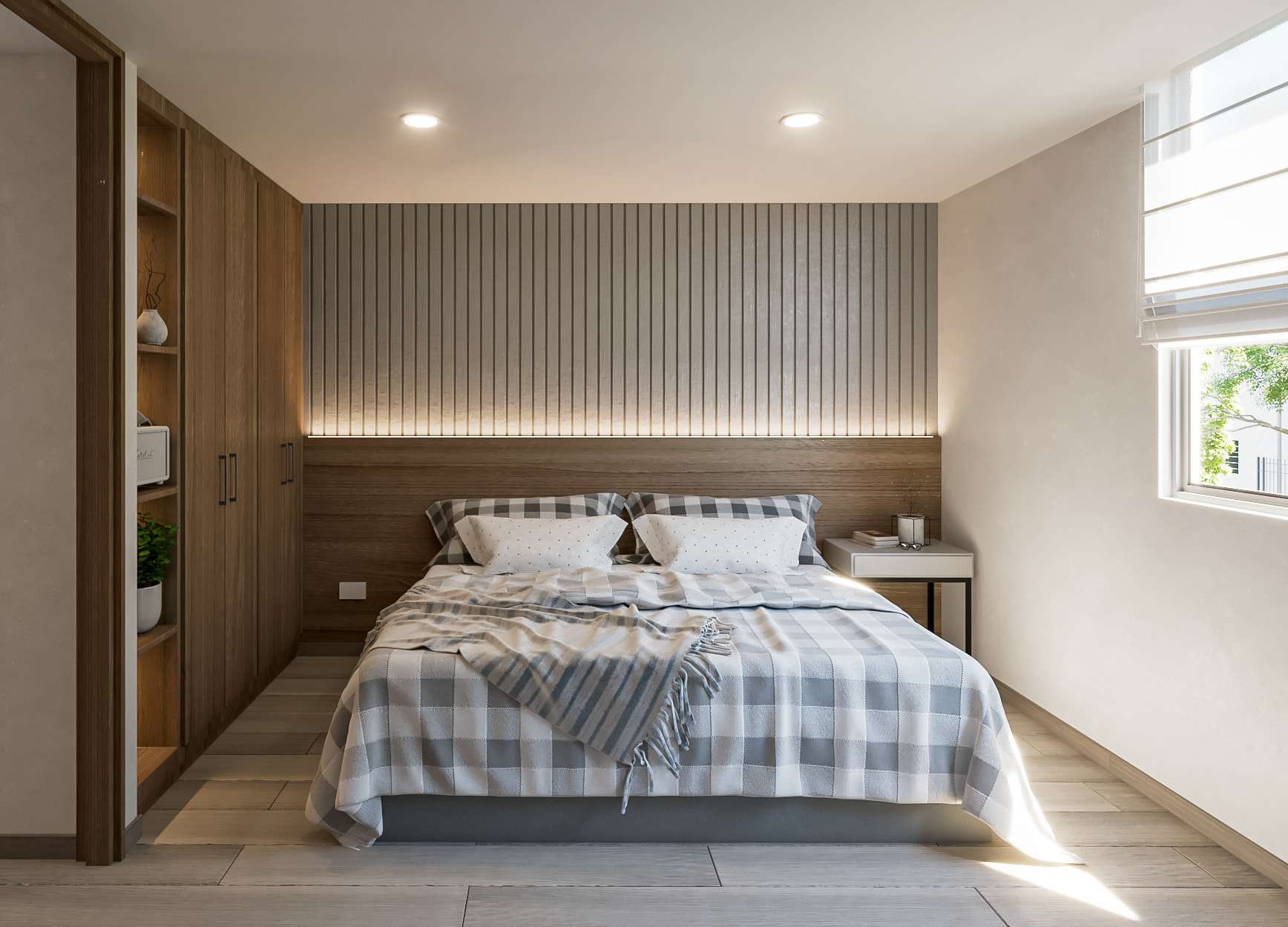 Không gian phòng ngủ 10m2 cho vợ chồng trẻ với thiết kế tủ quần áo âm tường Không gian phòng ngủ 10m2 cho vợ chồng trẻ với thiết kế tủ quần áo âm tường