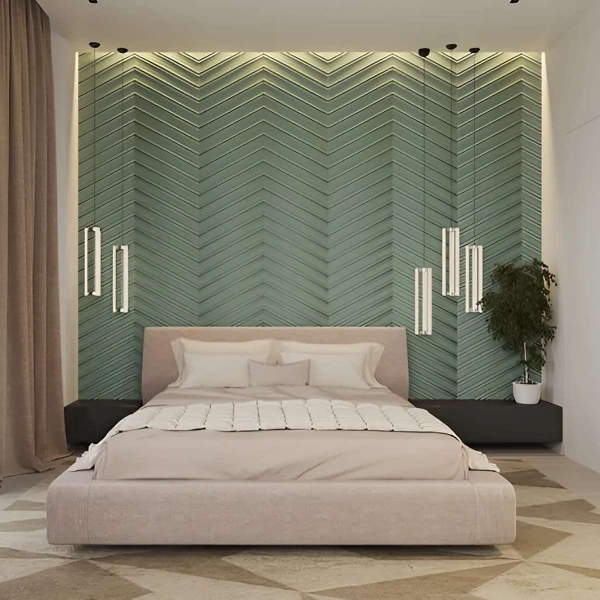 Mảng tường chevron xanh lá cây tạo nên sự độc đáo và thu hút cho không gian phòng ngủ 2 vợ chồng Mảng tường chevron xanh lá cây tạo nên sự độc đáo và thu hút cho không gian phòng ngủ 2 vợ chồng